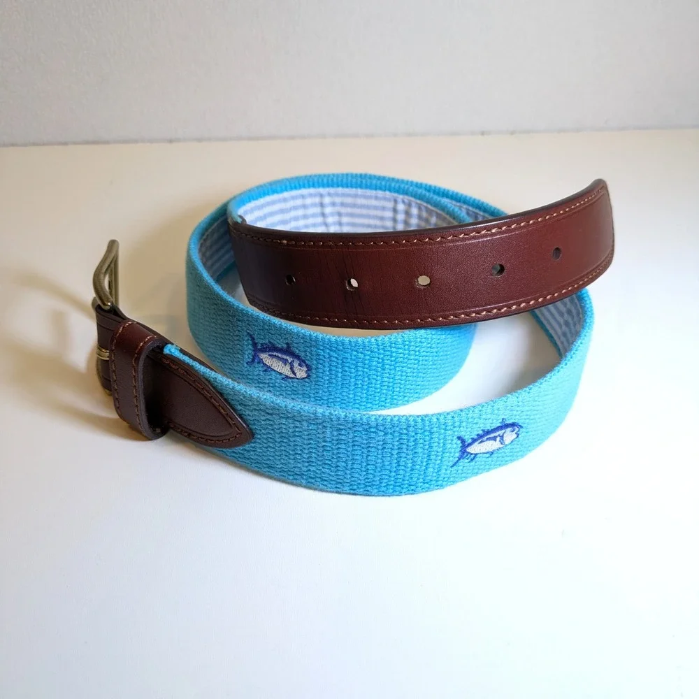 Southern Tide Skipjack Fish Belt Mens 38 Aqua Blue Canvas Leather Preppy Coastal